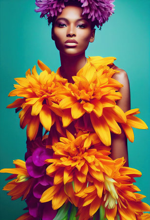 A fictional person, not based on a real person. Portrait of a fantasy ebony girl. Fashionable painted woman. Creative beautiful girl. 3d renderingの素材