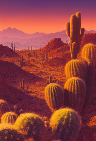 Colorful abstract bright desert cacti. Green wonderful cacti and amazing desert nature. Abstract colorful background. 3D rendering.の素材