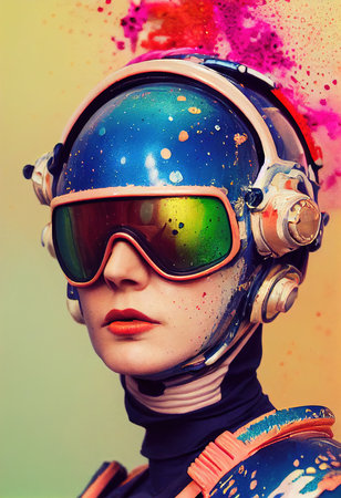 A fictional person, not based on a real person. Abstract portrait of a fantasy astronaut. High-tech futuristic man. Concept of virtual reality and steampunk. 3D rendering.の素材