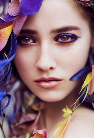 A fictional person, not based on a real person. Abstract portrait of a beautiful fictional girl. Fashionable cute woman. Creative beautiful girl. 3d renderingの素材