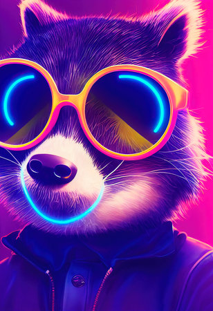 Portrait of a raccoon DJ in fancy glasses. Raccoon DJ at the disco. 3d renderingの素材