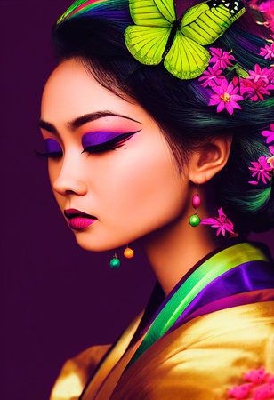 A fictional person, not based on a real person. Abstract portrait of a beautiful fictional asian girl. Fashionable cute woman. Creative beautiful girl. 3d renderingの素材