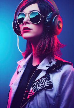 A fictional person, not based on a real person. A portrait of a creative beauty wearing fancy headphones. A lover of fashionable music. 3d renderingの素材