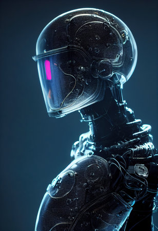 A fictional person, not based on a real person. Portrait of a sci-fi cyberpunk warrior. High-tech futuristic man from the future. The concept of virtual reality and cyberpunk. 3D render.の素材