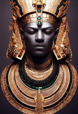 A fictional person, not based on a real person. A beautiful young Egyptian pharaoh, a golden crown, wearing elegant clothes and jewelry. 3D render.の素材