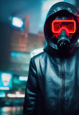 A stalker survivor in protective clothing and an neon gas mask. Survivor of nuclear war. 3d renderingの素材