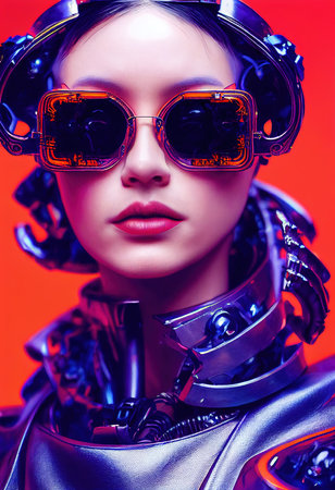 A fictional person, not based on a real person. Portrait of a sci-fi cyberpunk girl. High-tech futuristic woman from the future. The concept of virtual reality and cyberpunk. 3D render.の素材