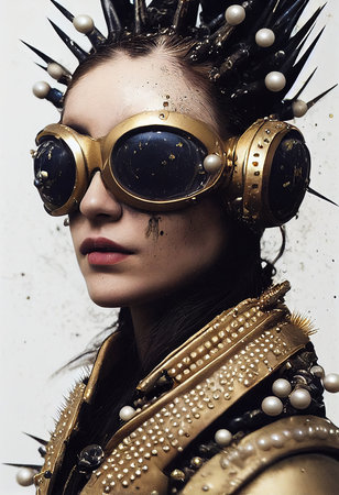 A fictional person, not based on a real person. Abstract portrait of a fantasy astronaut. High-tech futuristic man. Concept of virtual reality and steampunk. 3D rendering.の素材