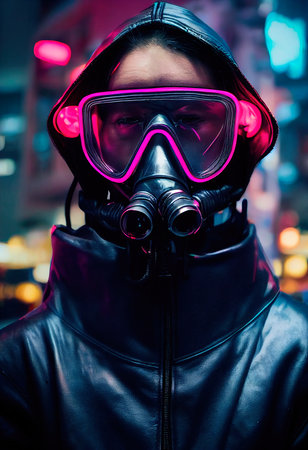 A stalker survivor in protective clothing and an neon gas mask. Survivor of nuclear war. 3d renderingの素材