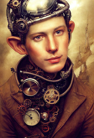 A fictional person, not based on a real person. Steampunk mechanized man made of clockwork gears and springs. The concept of the robot man. 3D rendering,の素材