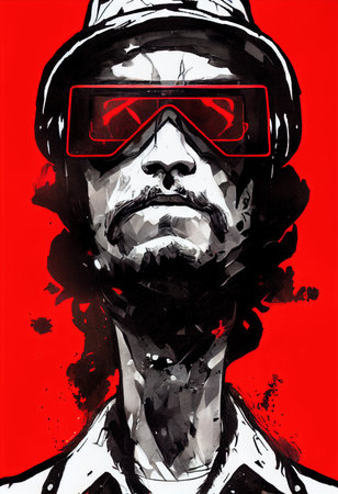 A fictional person, not based on a real person. Close-up portrait of a brutal man wearing a hat and fancy sunglasses. The concept of Courage and Brutality. 3D rendering.の素材