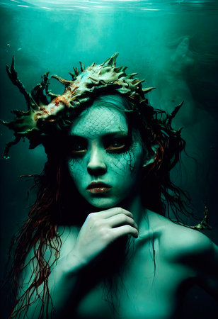 A fictional person, not based on a real person. Mystical creepy woman with frightening makeup. Gothic mystery woman. 3D renderingの素材