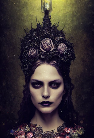 A fictional person, not based on a real person. Mystical creepy woman with frightening makeup. Gothic mystery woman. 3D renderingの素材