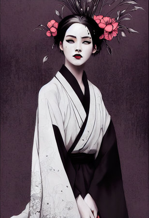 A fictional person, not based on a real person. Abstract colorful portrait of a pretty geisha with beautiful makeup and flowers. Fashionable cute woman. Creative beautiful girl. 3d renderingの素材