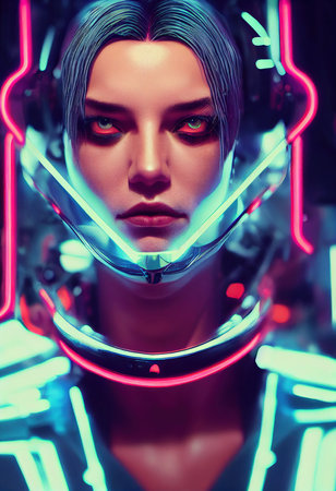 A fictional person, not based on a real person. Portrait of a sci-fi cyberpunk girl. High-tech futuristic woman from the future. The concept of virtual reality and cyberpunk. 3D render.の素材