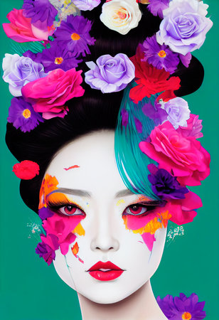 A fictional person, not based on a real person. Abstract colorful portrait of a pretty geisha with beautiful makeup and flowers. Fashionable cute woman. Creative beautiful girl. 3d renderingの素材