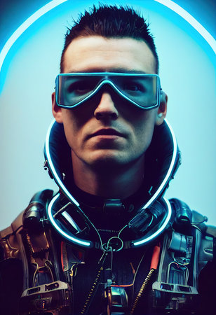A fictional person, not based on a real person. Portrait of a sci-fi cyberpunk man. High-tech futuristic man from the future. The concept of virtual reality and cyberpunk. 3D render.の素材