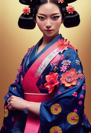 A fictional person, not based on a real person. Abstract colorful portrait of a pretty geisha with beautiful makeup and flowers. Fashionable cute woman. Creative beautiful girl. 3d renderingの素材