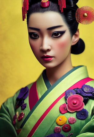 A fictional person, not based on a real person. Abstract colorful portrait of a pretty geisha with beautiful makeup and flowers. Fashionable cute woman. Creative beautiful girl. 3d renderingの素材