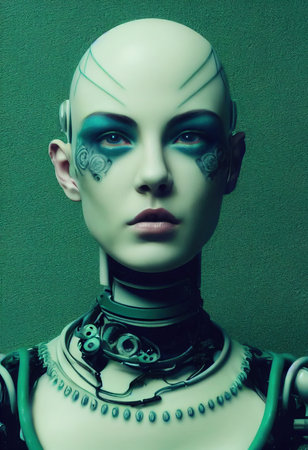 A fictional person, not based on a real person. Portrait of a futuristic robot. An artistic abstract cyberpunk fantasy. Concept of a modern robot. 3d renderingの素材