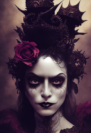A fictional person, not based on a real person. Mystical creepy woman with frightening makeup. Gothic mystery woman. 3D renderingの素材