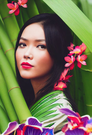 A fictional person, not based on a real person. Abstract colorful portrait of a pretty geisha with beautiful makeup and flowers. Fashionable cute woman. Creative beautiful girl. 3d renderingの素材