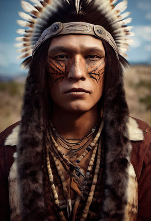 Portrait of a fictional Indian shaman from the Comanche Indian tribe. An ancient Indian hunter against the backdrop of the steppe. 3D renderingの素材