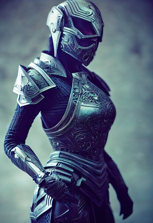 A fictional person, not based on a real person. Portrait of an ancient female warrior in ancient warrior armor. The concept of an ancient brave warrior. 3D render.の素材