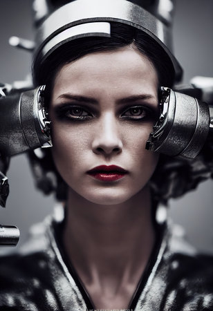 A fictional person, not based on a real person. Portrait of a sci-fi cyberpunk warrior. High-tech futuristic woman from the future. The concept of virtual reality and cyberpunk. 3D render.の素材