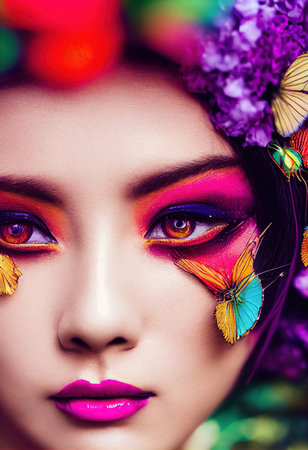 A fictional person, not based on a real person. Abstract colorful portrait of a pretty geisha with beautiful makeup and flowers. Fashionable cute woman. Creative beautiful girl. 3d renderingの素材