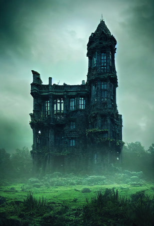 Mystical and spooky castle in the darkness. An ancient historical castle. 3D renderingの素材