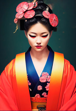 A fictional person, not based on a real person. Abstract colorful portrait of a pretty geisha with beautiful makeup and flowers. Fashionable cute woman. Creative beautiful girl. 3d renderingの素材