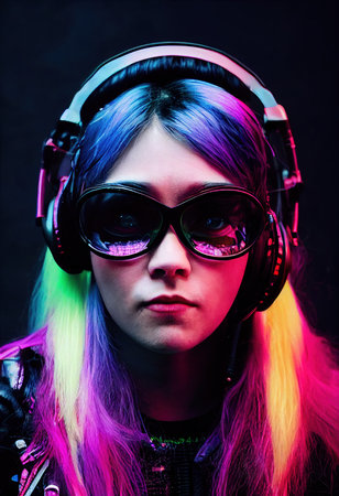 A fictional person, not based on a real person. A portrait of a creative beauty wearing fancy headphones. A lover of fashionable music against a backdrop of bright colorful lights. 3d renderingの素材