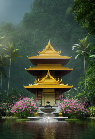 Chinese ancient temple in the green jungle. 3d renderingの素材
