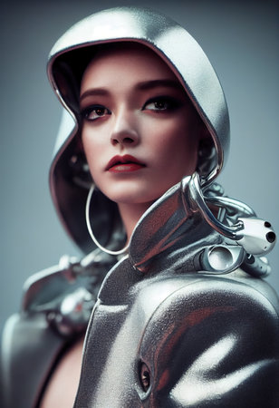 A fictional person, not based on a real person. Portrait of a sci-fi cyberpunk warrior. High-tech futuristic woman from the future. The concept of virtual reality and cyberpunk. 3D render.の素材