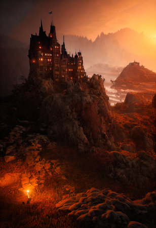 Mystical and spooky castle in the darkness. An ancient historical castle. 3D renderingの素材