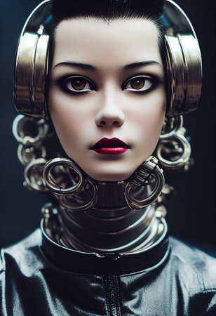 A fictional person, not based on a real person. Portrait of a sci-fi cyberpunk girl. High-tech futuristic woman from the future. The concept of virtual reality and cyberpunk. 3D render.の素材