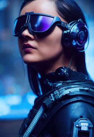 A fictional person, not based on a real person. Portrait of a sci-fi cyberpunk girl. High-tech futuristic woman from the future. The concept of virtual reality and cyberpunk. 3D render.の素材