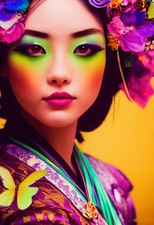 A fictional person, not based on a real person. Abstract colorful portrait of a pretty geisha with beautiful makeup and flowers. Fashionable cute woman. Creative beautiful girl. 3d renderingの素材
