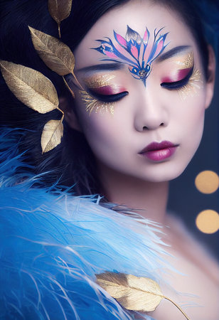 A fictional person, not based on a real person. Abstract colorful portrait of a pretty geisha with beautiful makeup and flowers. Fashionable cute woman. Creative beautiful girl. 3d renderingの素材