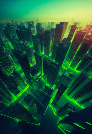 A futuristic neon green city. The concept of virtual reality and cyberpunk. 3D render.の素材