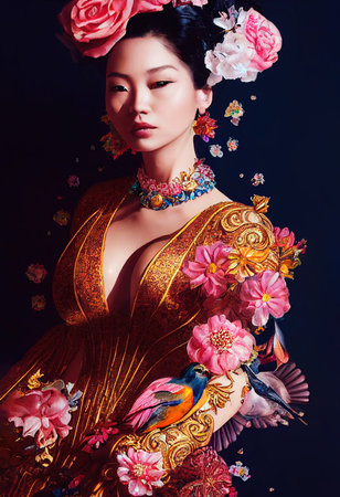 A fictional person, not based on a real person. Abstract portrait of a beautiful fictional asian girl. Fashionable cute woman. Creative beautiful girl. 3d renderingの素材