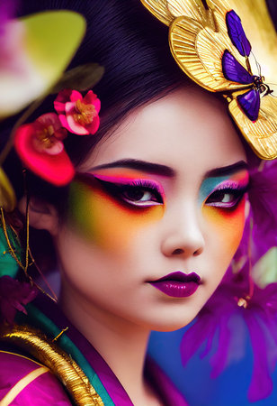 A fictional person, not based on a real person. Abstract colorful portrait of a pretty geisha with beautiful makeup and flowers. Fashionable cute woman. Creative beautiful girl. 3d renderingの素材