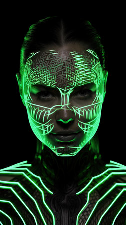 Portrait of a mystical fantasy bioluminescent neon woman. Glamorous fashionable lady. Generative AI Art.の素材