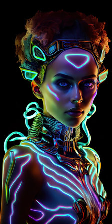 Portrait of a mystical fantasy bioluminescent neon woman. Glamorous fashionable lady. Generative AI Art.の素材