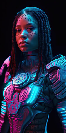 Portrait of a futuristic cyberpunk sci-fi girl. High-tech futuristic woman from the future. Generative AI Art.の素材