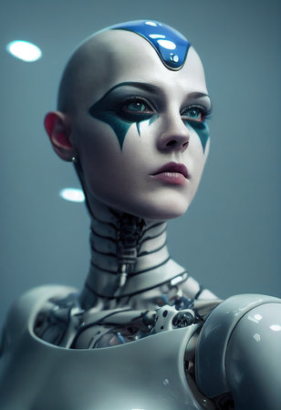 Portrait of a futuristic robot. An artistic abstract cyberpunk fantasy. Concept of a modern robot. Generative AI Art.の素材
