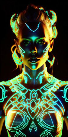 Portrait of a mystical fantasy bioluminescent neon woman. Glamorous fashionable lady. Generative AI Art.の素材