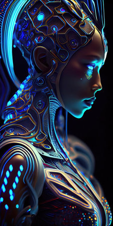Portrait of a mystical fantasy bioluminescent neon woman. Glamorous fashionable lady. Generative AI Art.の素材