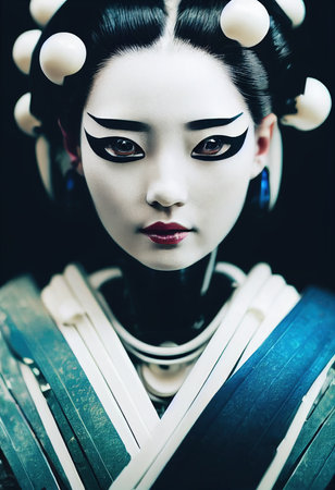 Portrait of a futuristic robot. An artistic abstract cyberpunk fantasy. Concept of a modern robot. Generative AI Art.の素材